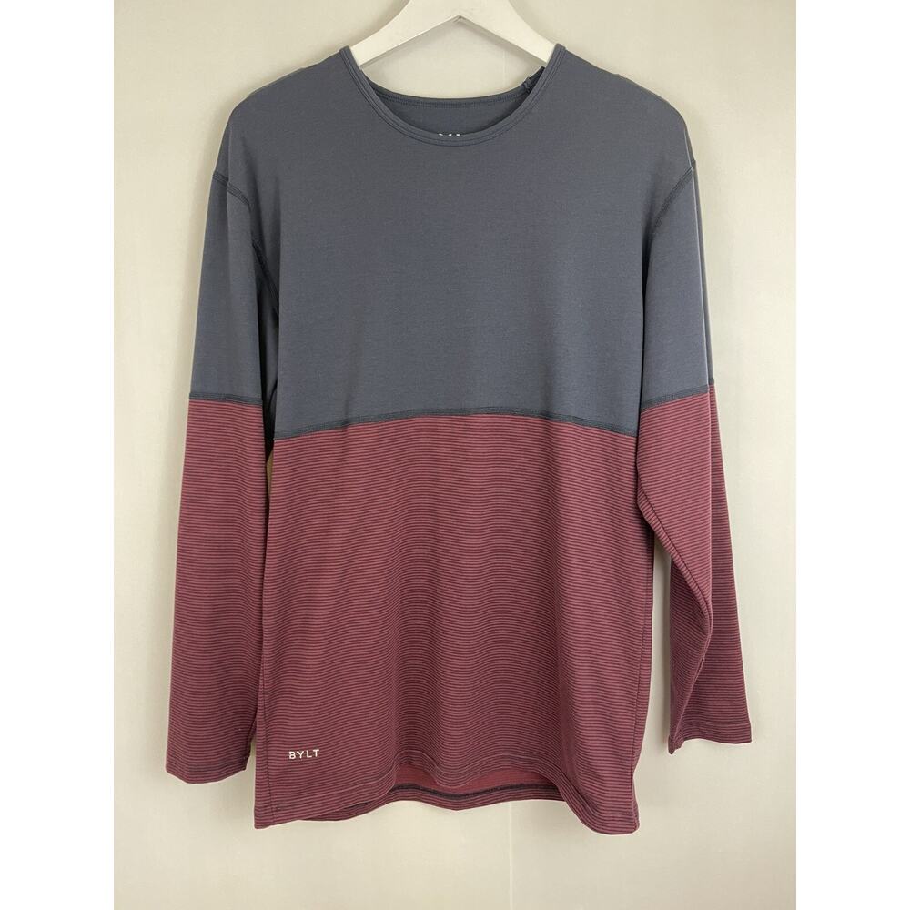 BYLT Premium Crew L/S Mens Medium Gray‎ Burgundy Colorblock Striped Shirt